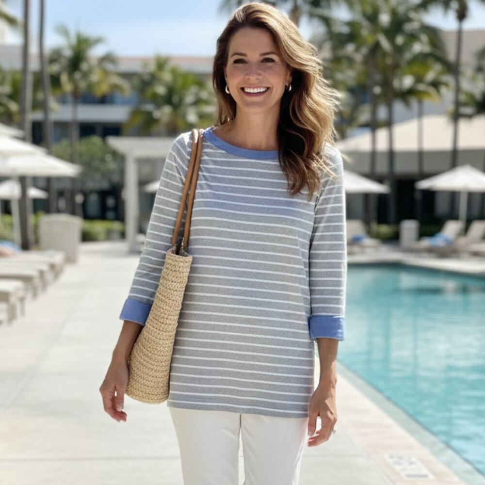 NAUTICA  Striped ¾ Sleeve Cotton Top (Medium)